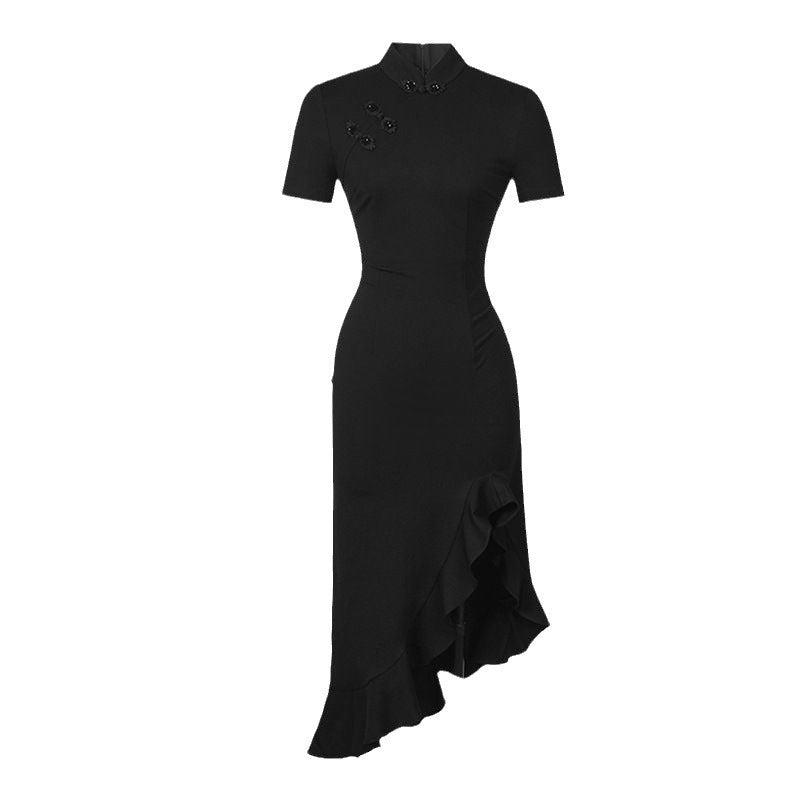 Black dress with short sleeves and a high neckline on a white background