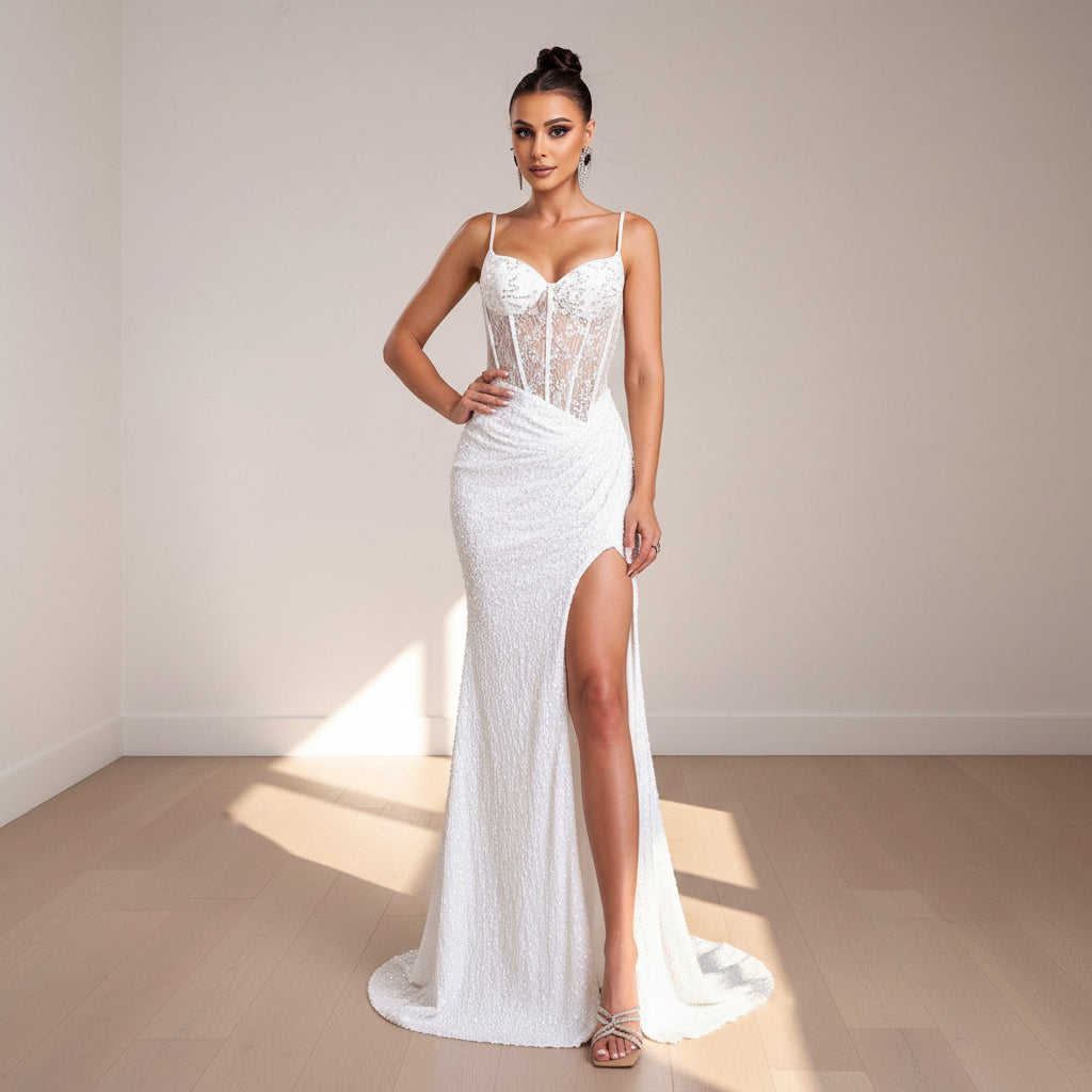 Woman in a white lace evening gown standing against a neutral background with black rocks.
