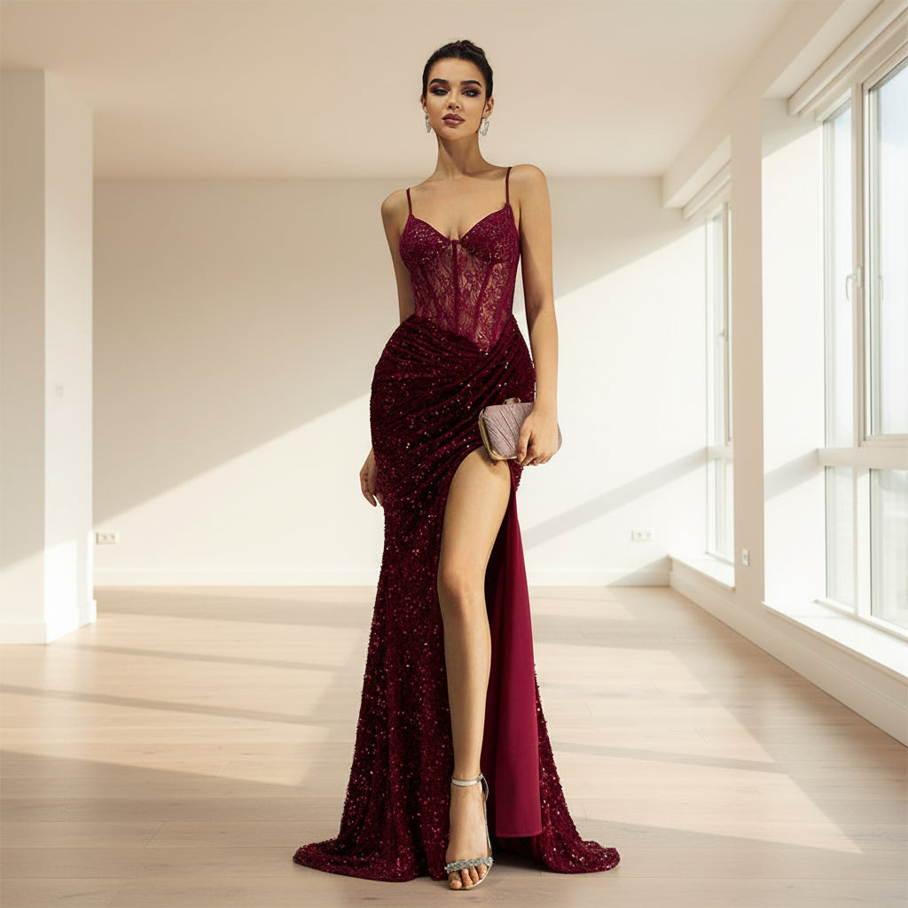 Woman wearing a burgundy evening gown with a high slit on a gray background