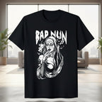 Black t-shirt with 'Bad Nun' graphic design on a white background