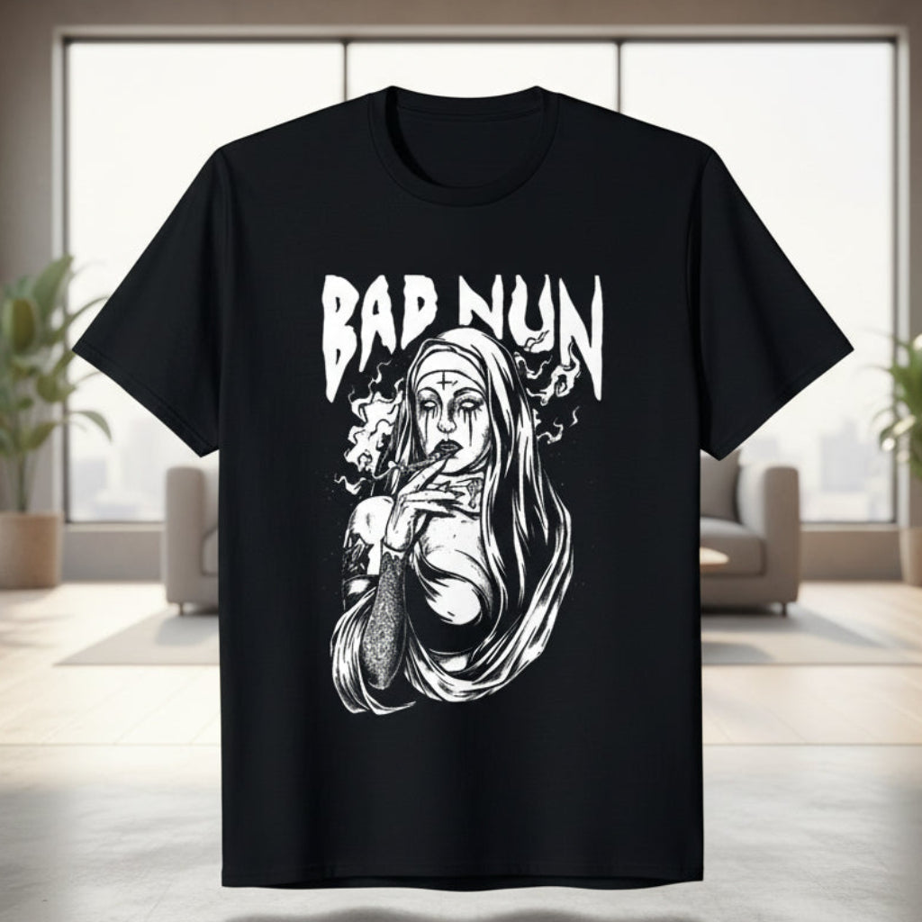Black t-shirt with 'Bad Nun' graphic design on a white background