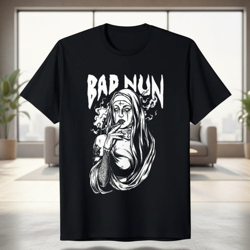 Black t-shirt with 'Bad Nun' graphic design on a white background