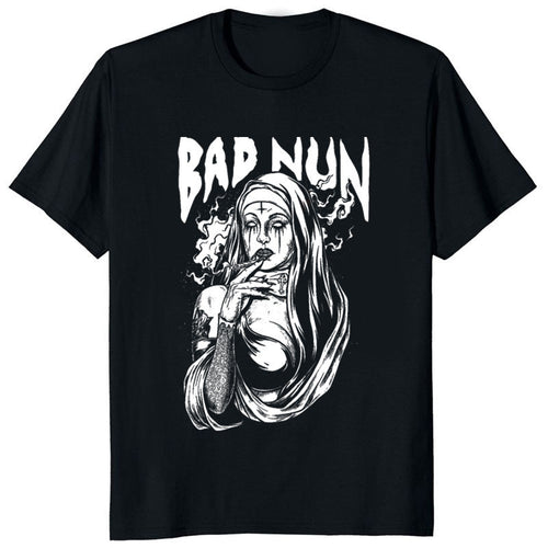 Black t-shirt with 'Bad Nun' graphic design on a white background