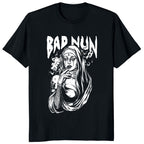 Black t-shirt with 'Bad Nun' graphic design on a white background