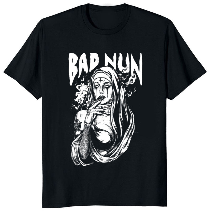 Black t-shirt with 'Bad Nun' graphic design on a white background