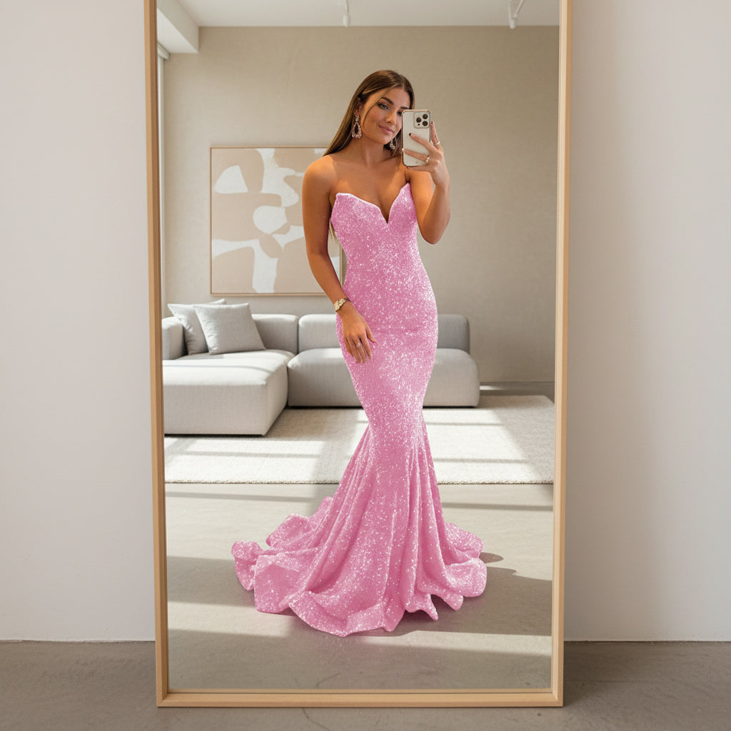 Pink sparkly dress worn by a person on a white background