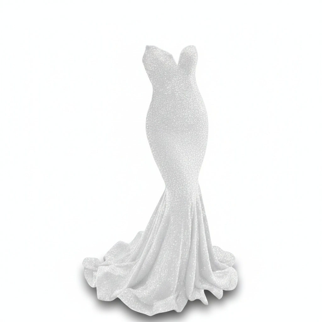 White strapless evening gown with mermaid silhouette on a white background