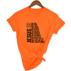 Orange t-shirt with black text on a white background