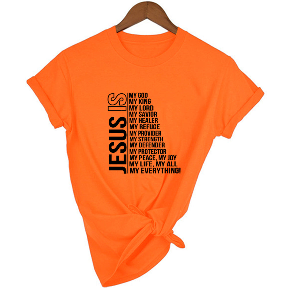 Orange t-shirt with black text on a white background